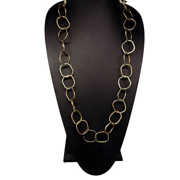 Square Geometric Link Chain Long Necklace Gold Tone Classic Timeless - Picture 2 of 4